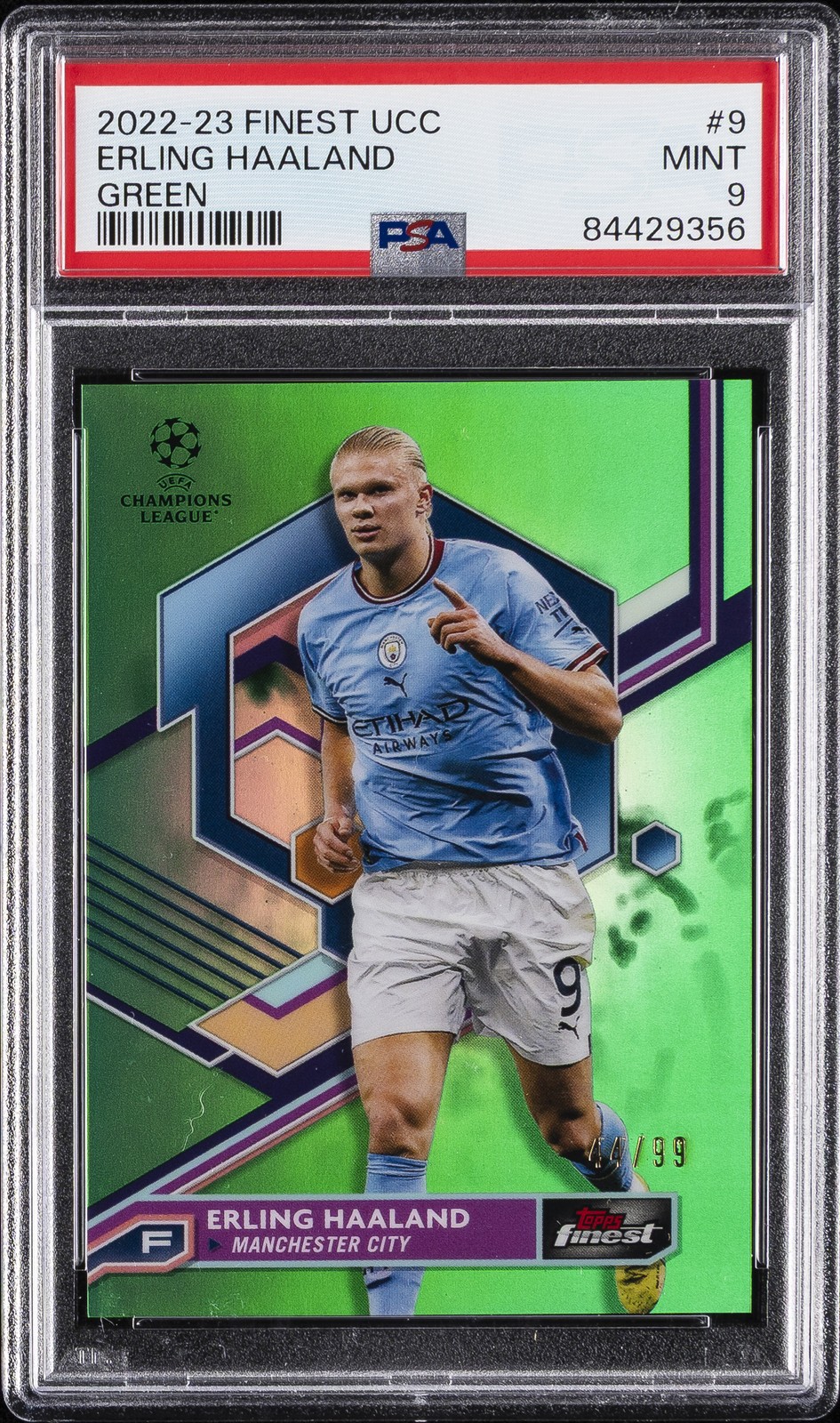 2022-23 TOPPS FINEST UCC GREEN REFRACTOR #9 ERLING HAALAND 44/99 PSA 9