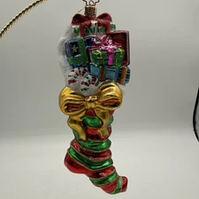 Radko LOOPY LONGSTOCKING Striped Christmas Stocking w/ Gifts Ornament