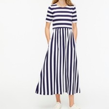 J Crew New short sleeve striped maxi dress crew neck women navy blue white
