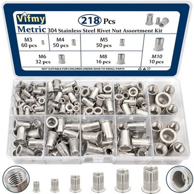 Metric 304 Stainless Steel Rivet Nut Assortment Kit218 Pcs,M3 M4 M5 M6 M8 M10...
