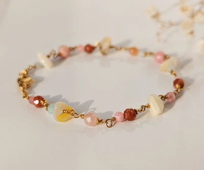 Wasserfeste Armbänder und Fußkettchen aus Naturstein in Pastellfarben, vergoldet - Bild 1 von 4