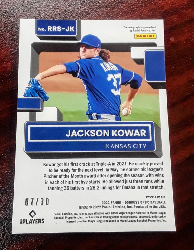 2022 Panini Donruss optic baseball  Black Cracked Ice Prizm /30 Jackson Kowar RC - Image 2 of 2