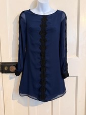 Darling Mini Dress Dark Blue Chiffon Overlay Embroidered Size XS