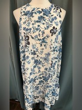 Boohoo Floral Frill Hem Shift Dress Blue White Sleeveless Size 12 NWT