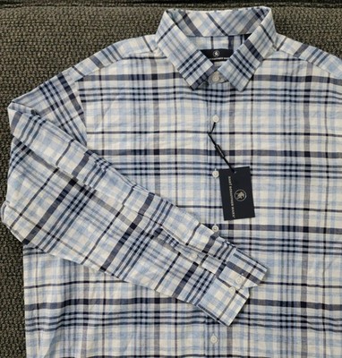 NEW Hart Schaffner Marx Blue Plaid Cotton Linen Long Sleeve Shirt Men's XL