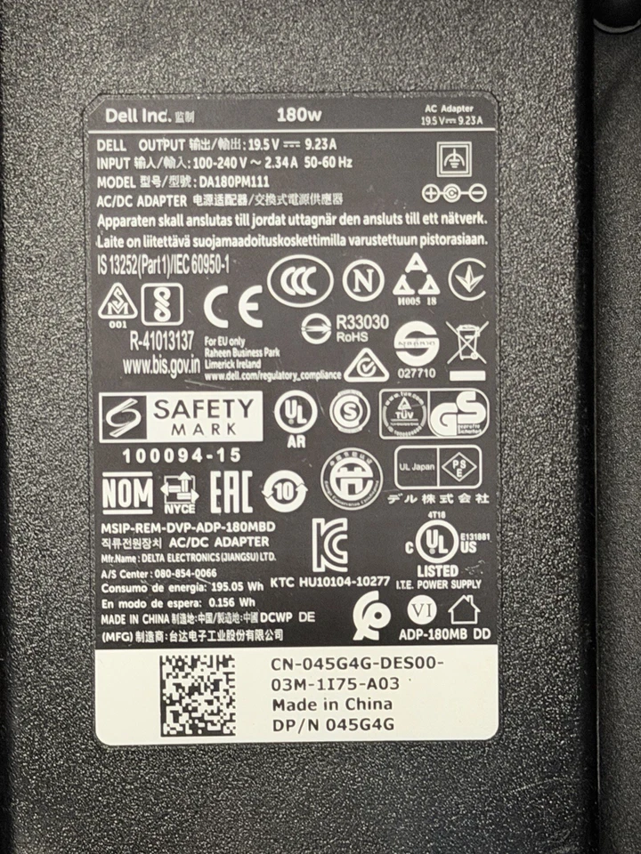 *Lote de 30* Adaptador de corriente alterna original Dell 180W 19,5 V 9,23 A pin grande Foto 3 de 4