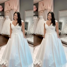 Plus Size Satin Wedding Dresses Cap Sleeve Lace Applique Sweep Train Bridal Gown