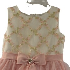 Rare Editions Party Dress Kids Size 12 Pink Cream Floral Embroidered Tulle Bow