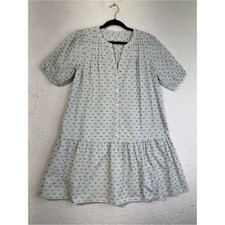 LOFT White Prairie Dress Taupe Pinstripe Babydoll Blue Dot Embroidery Coquette M