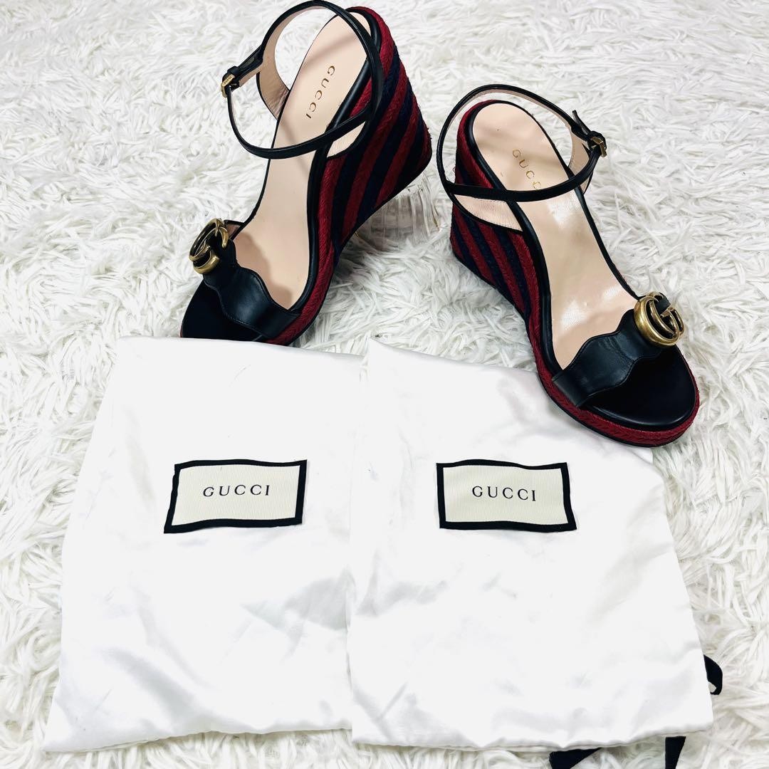 APL GUCCI Mules Sandali Tacco GG Marmont Pelle Navy EU34.5 US4.5 90586c