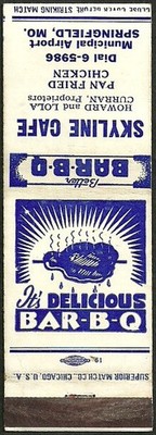 BAR-B-Q vintage ~ SKYLINE CAFE ~ matchbook cover SPRINGFIELD, MO missouri