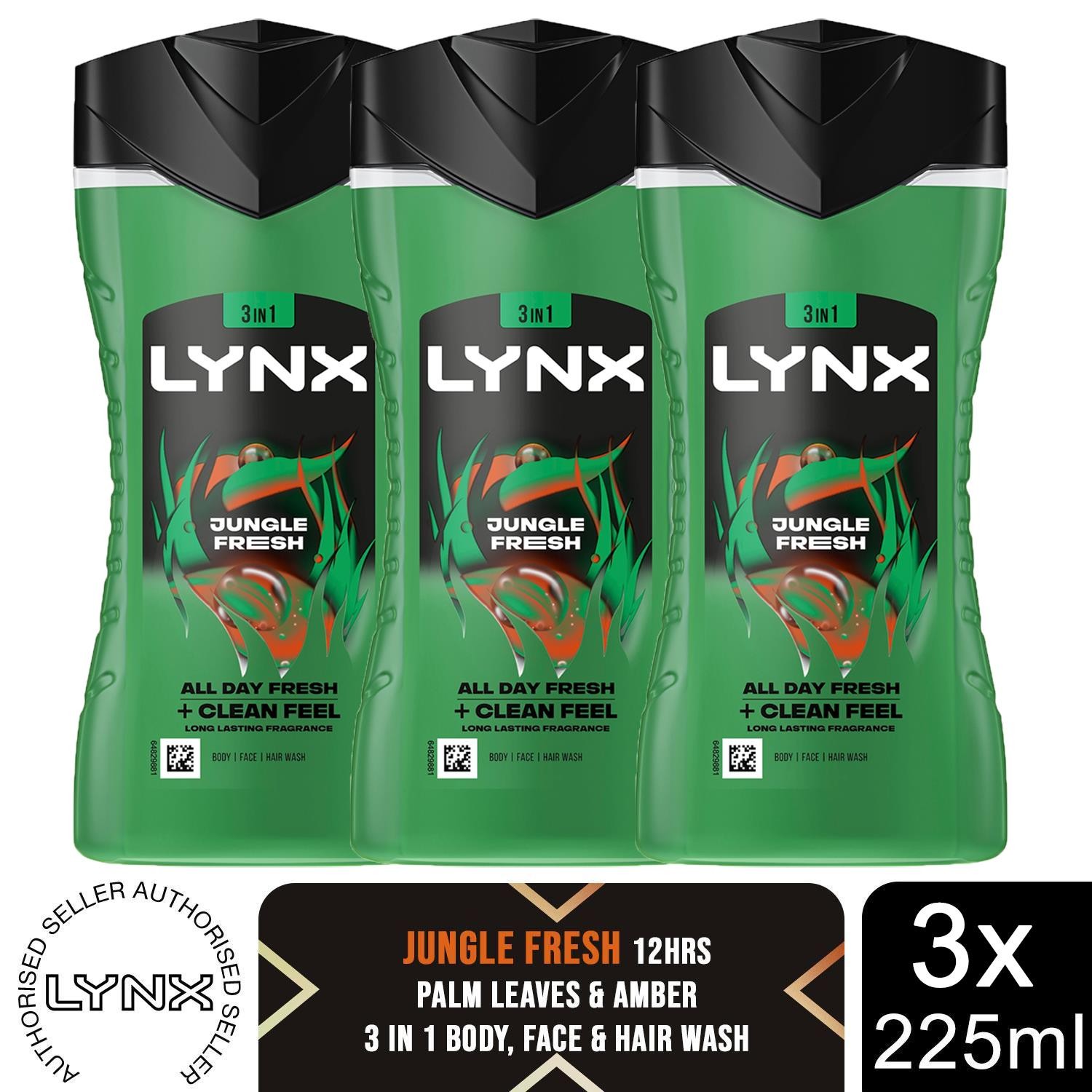 Lynx Men's Green 3In1 Body, Face & Hair Wash 'Shower Gel' Jungle Fresh 225Ml, 6Pack In - Image 3
