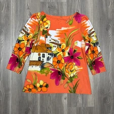 Investments Women’s Plus Orange Pink Mediterranean Floral Blouse Top Size PL