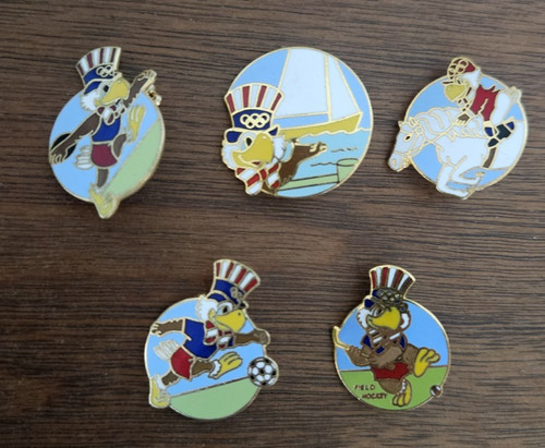 5 LA 1984 Olympics Pins Sam the Eagle Enamel Soccer, Hockey, Discus, Sailing + 1