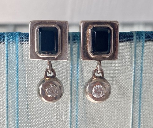 Sterling Silver Earrings CZ & Black Onyx Square Stud Boho Southwest .925 7.4G