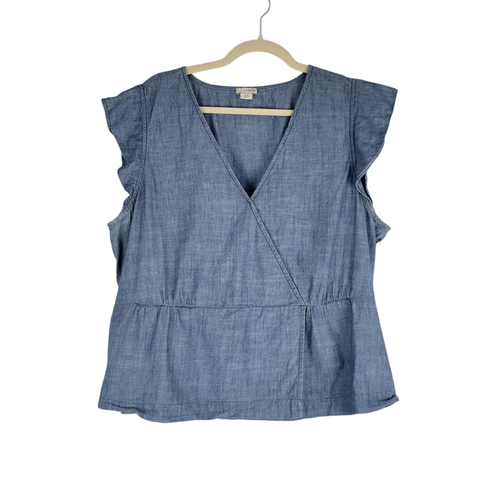 J. by J. Crew Top Flutter Sleeve Chambray Faux Wrap Blouse Blue Women's size 20