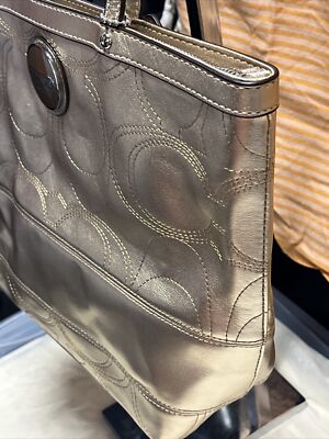 Coach F18877 Gold Metallic Signature Stripe Stitch Leather Tote
