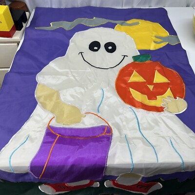 Vtg Embroidered Ghost Trick Or Treating Moon Garden YARD HOUSE FLAG Halloween
