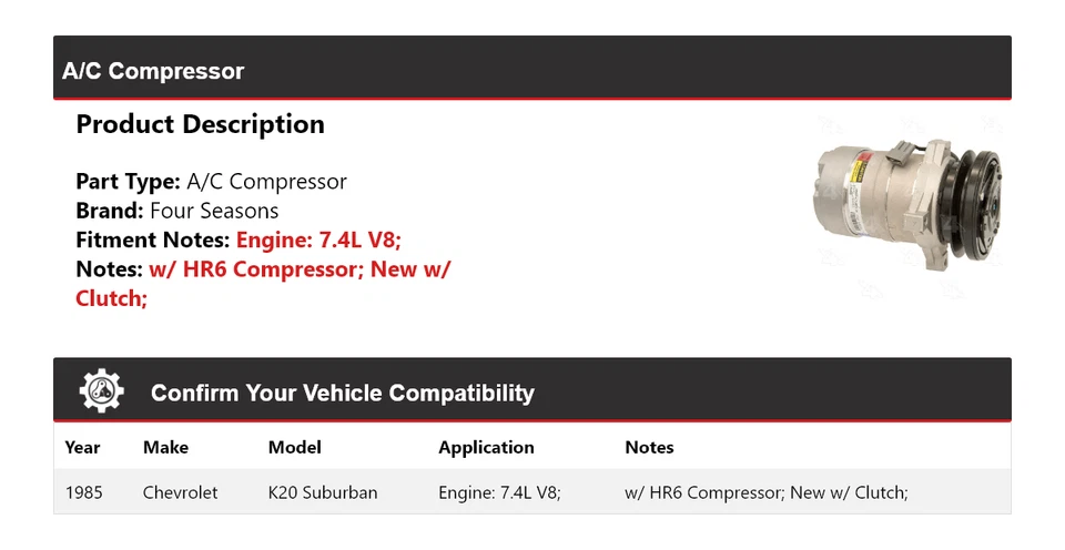 For 1985 Chevrolet K20 Suburban 7.4L V8 A/C Compressor 4 Seasons - Image 2 of 4