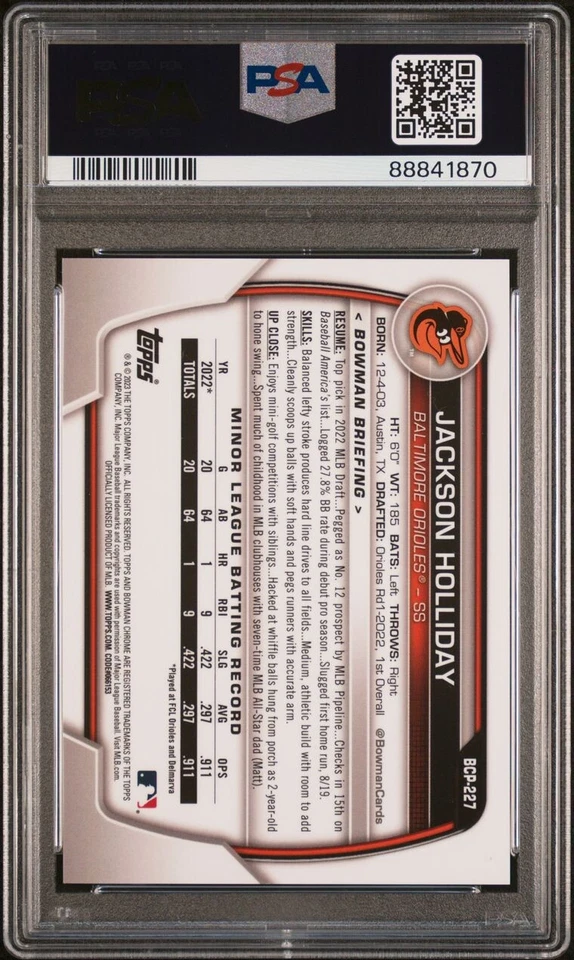 2023 Bowman Chrome Sapphire Jackson Holliday Aqua PSA 10 Gem Mint /99 - Image 2 of 3