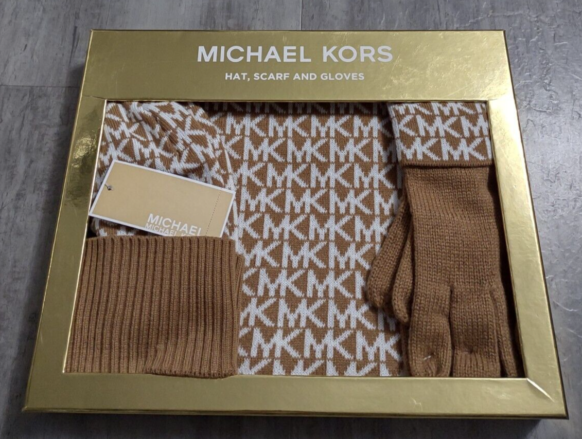 $98 Michael Kors 3-Piece Set Hat, Scarf & Gloves Dark Camel & Cream NIB