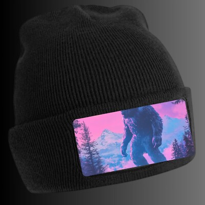 Black Beanie Hat with Cool Bigfoot Motif - Unisex Cap, Cotton