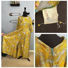 Vtg 60s Psychedelic Yellow Blue Paisley Wide Leg Jumpsuit Lightweight M/L