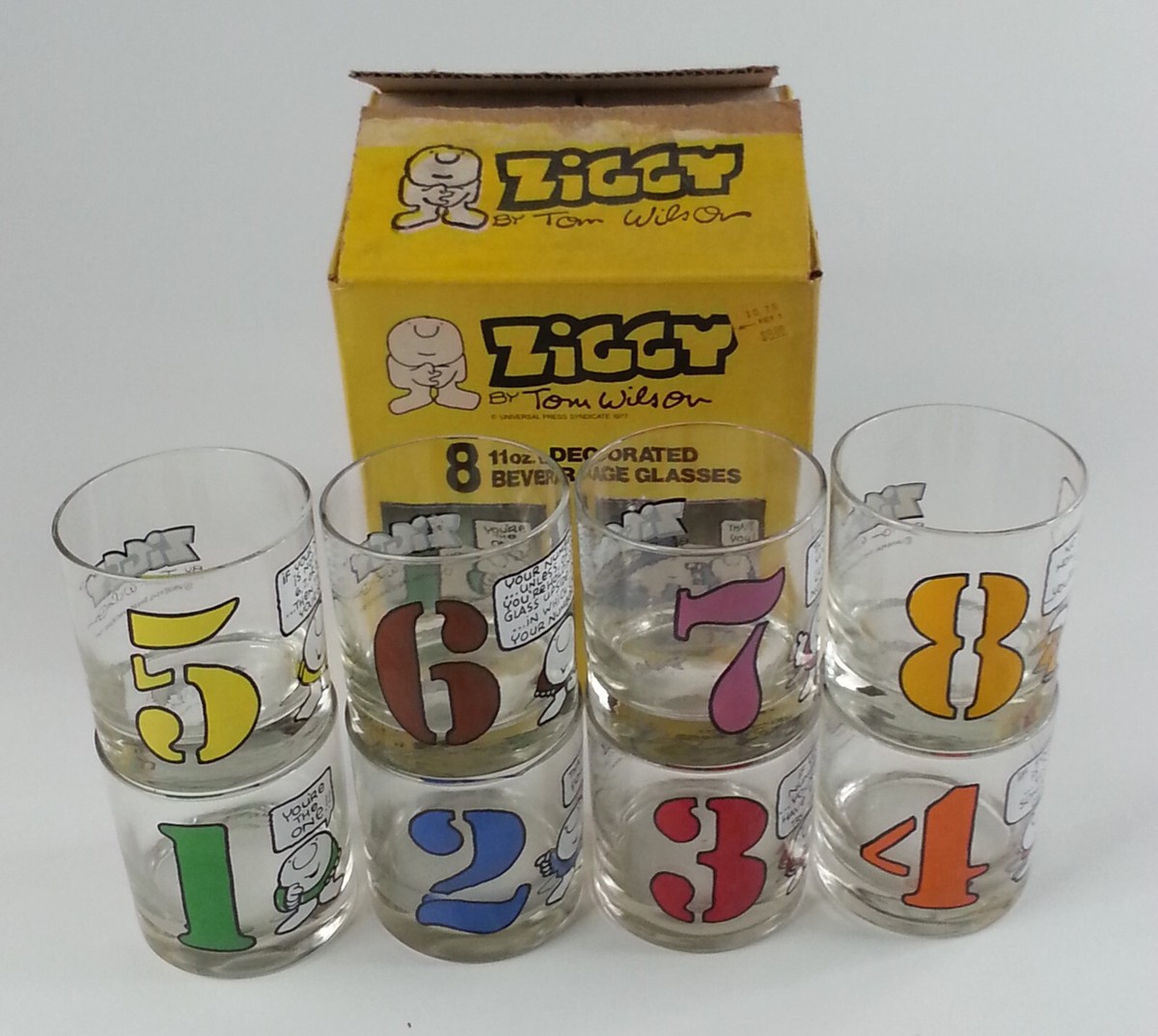 1977 Vintage 8 Piece ZIGGY Federal Glassware Set Original