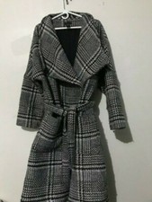 Ashro Plus Size 1x Plaid Tweed Flap Long Belt Wrap Wool Blend Coat Jacket Women