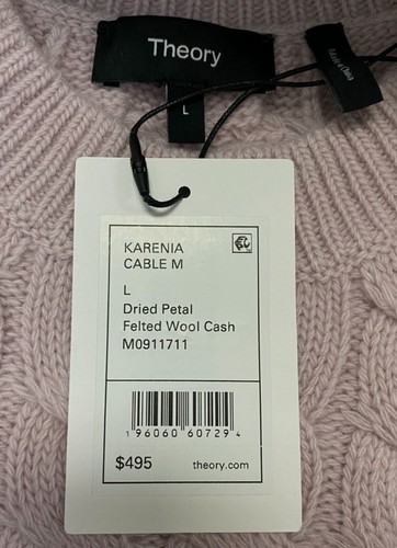 $495 Theory Women's Pink Wool/Cashmere Crewneck Cable Knit Pullover Sweater Sz L - Picture 3 of 3