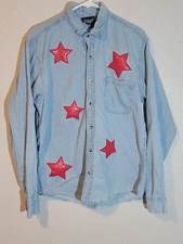 reclaimed vintage button up shirt mens medium long sleeve embroided stars denim