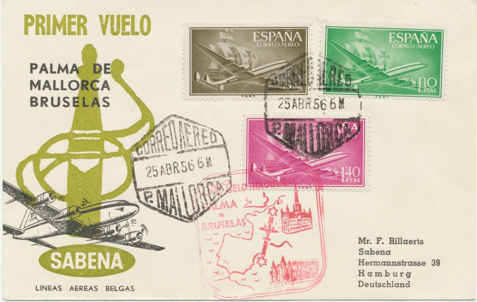 Spain 1956, first flight Sabena "Palma de Mallorca-Brussels" with connecting flight