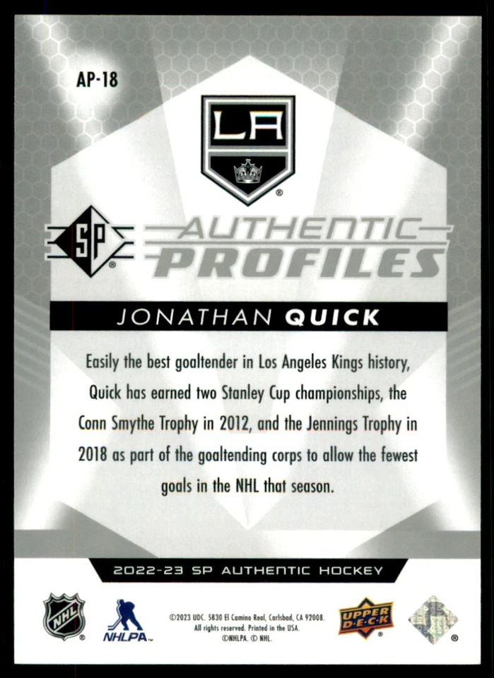 2022-23 SP Authentic Profiles Jonathan Quick /399 #AP-18 - Image 2 of 2