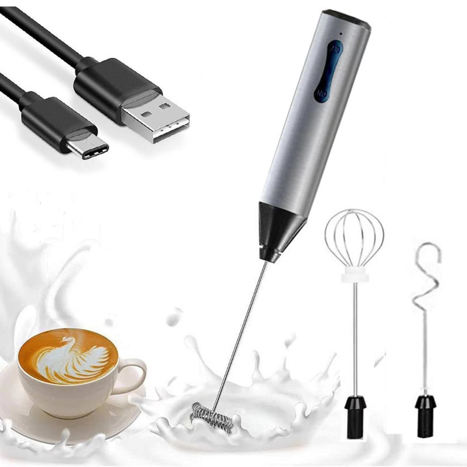 Portable Milk Frother Egg Beater USB C Rechargeable 2 Speeds with 3 Mixing Heads