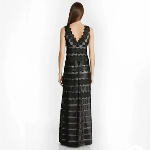 JS COLLECTIONS Black Beige Satin Overlay Mesh Lace Stripe Gown Maxi Dress 14W 1X - Image 2 of 4