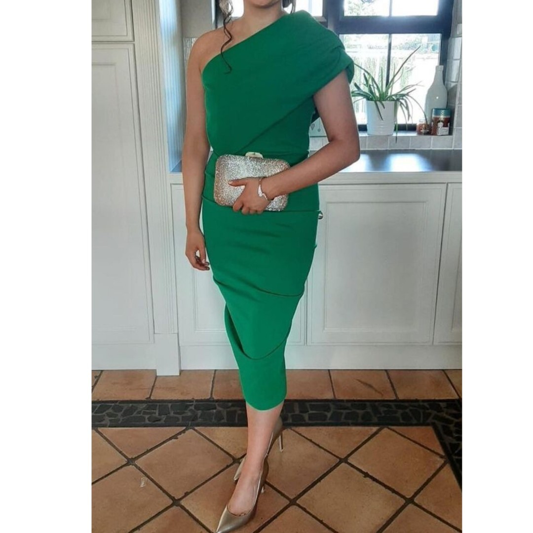 Green South Fashion Midi Dress Wedding Guest One Shoulder Size Medium 10 |  eBay