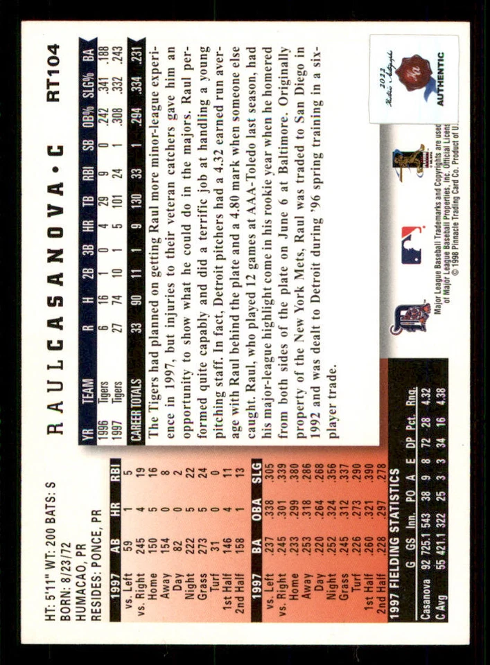 2022 Retrographs Auto - 1998 Score Rookie Traded #104 Raul Casanova - Image 2 of 2