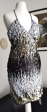 S, 8/10, White​ Gold Black​ Sequin Bodycon Mini Dress, Sleeveless, NEW, D&M