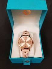 NEW ADRIENNE VITTADINI ROSE GOLD TONE,BLOSSOM PINK LEATHER BUND BAND CUFF WATCH 