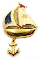 VTG AVON SAILBOAT ANCHOR CHARM Brooch Pin off white red blue gold tone Nautical