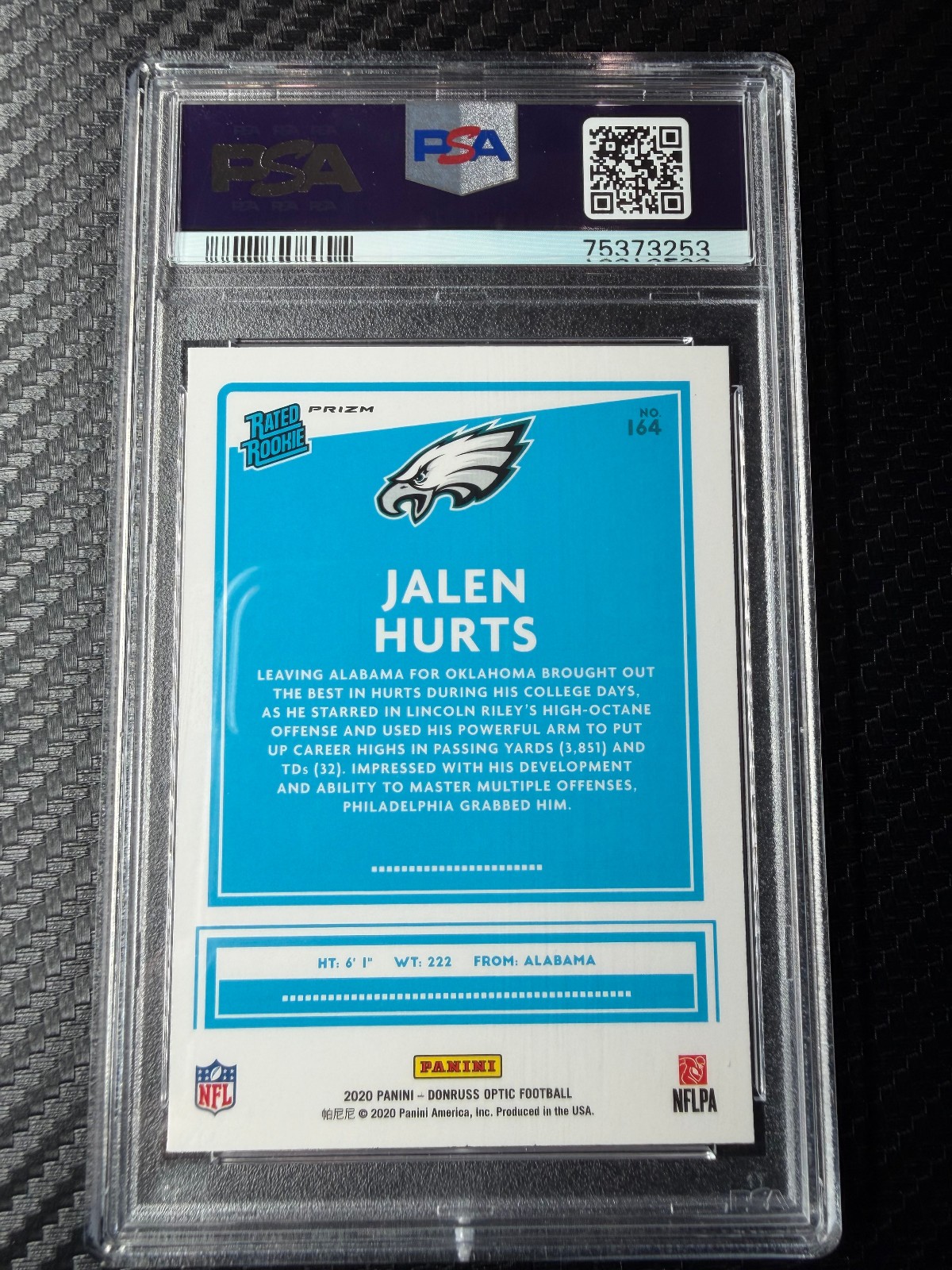 2020 Donruss Optic Red Mojo Jalen Hurts Rated Rookie #164 PSA 10 view 2