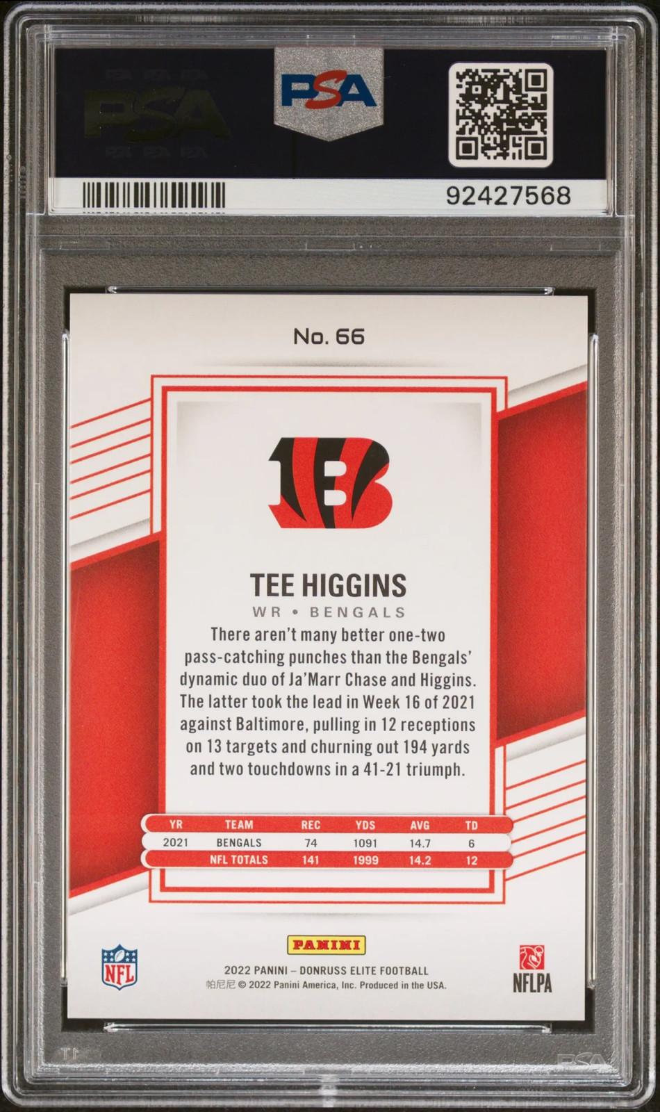 2022 Panini Donruss Elite Tee Higgins #66 Gold 09/10 PSA 10 view 2