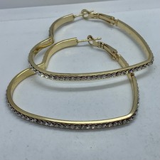 Vtg Rhinestone Heart Hoop Earrings Large Drop Gold Tone Omega Statement Large