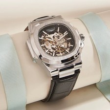 LONGLUX Automatik Herrenuhr Skelett Edelstahl Lederuhr Luxus NH35 Mechanik