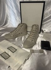 NIB Gucci HIGH TOP GG Monogram Canvas Leather Washed White Sneakers 35.5 5.5 New