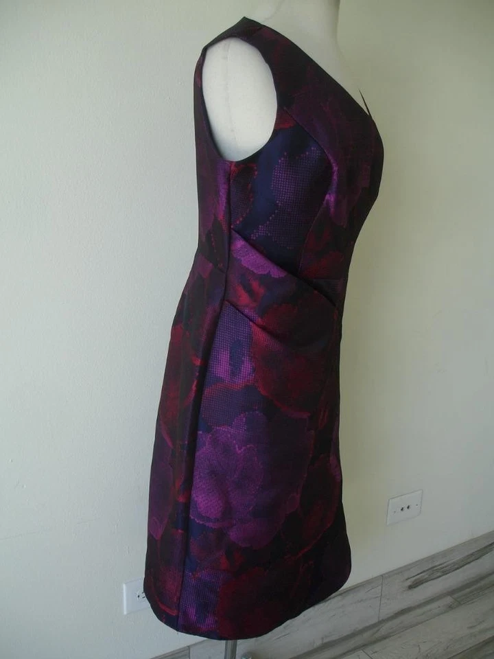 女式 12 KAY UNGER Noa Midi 连衣裙深海军蓝花卉梅红色紫色无袖 — 第 2/4 张图片