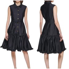 Calvin Klein NWT Ruffle Belted Button Front Shirt Dress Sleeveless Black Size 2