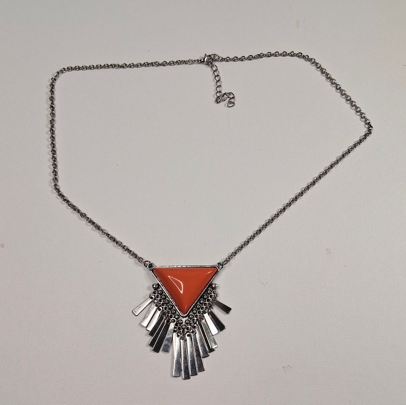 Boho Orange Triangle Statement Necklace Silver Fr… - image 2