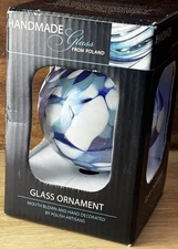 Zorza Hand Blown Handmade Glass Ball From Poland Christmas Ornament Blue/White
