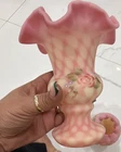 Fenton Hand Painted Floral Rose Pink Satin Art Glass Ruffled Vase Signed